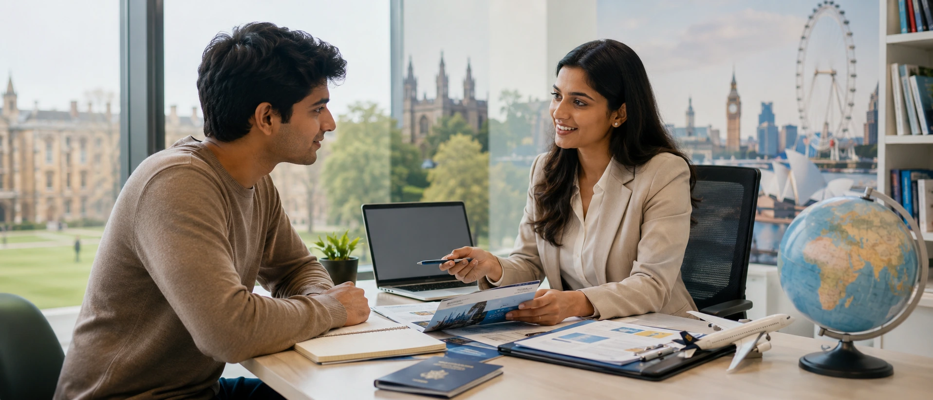 A study abroad consultant guiding a student through school selection, applications, scholarships, accommodation, and visa planning.