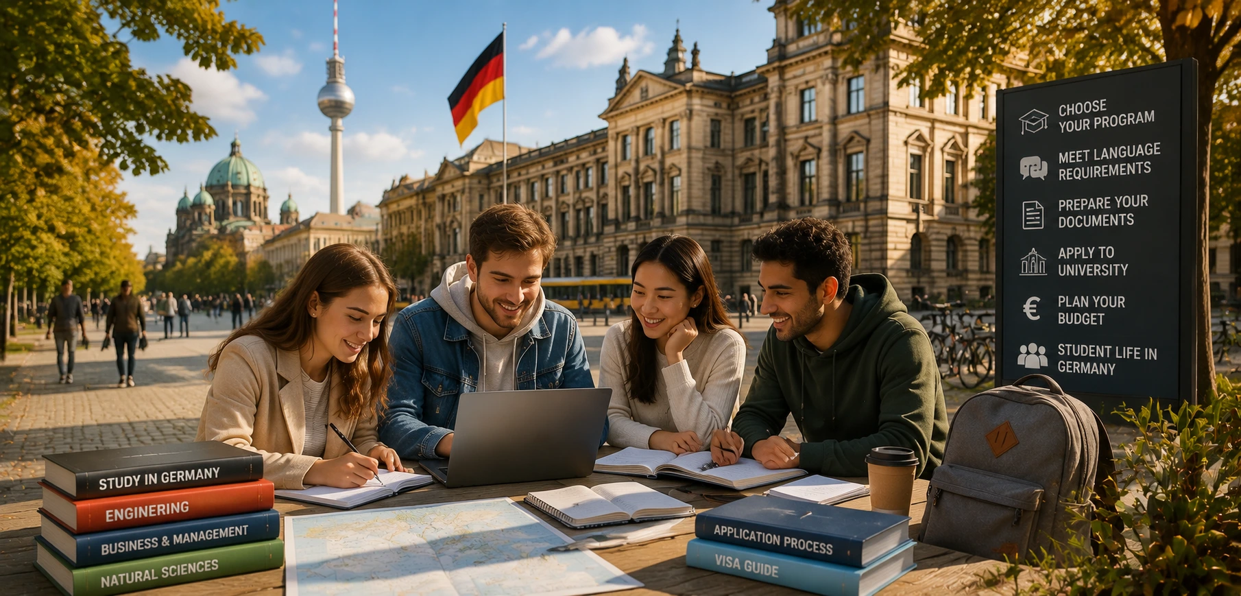 Requirements to study at a university in Germany, including admission process, language requirements, and student life